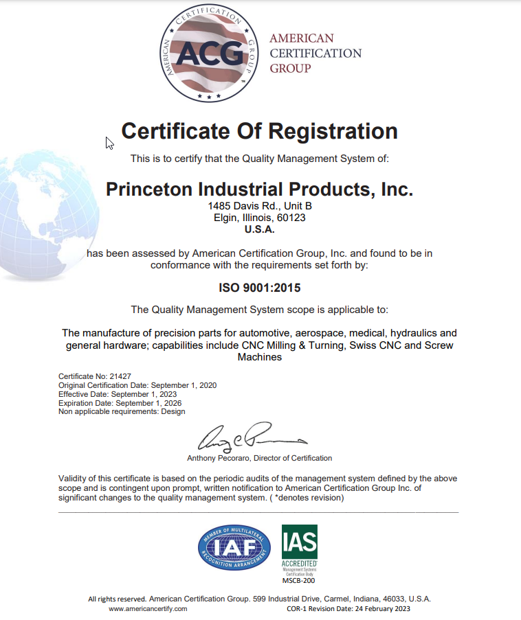 Princeton ISO Certificate